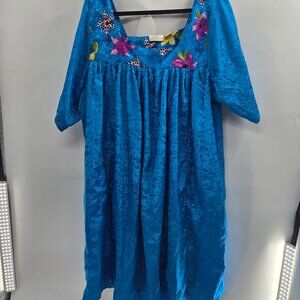 Vintage Nicole Stevens Bright Blue Floral Caftan Mumu Pajama Nightgown One Size
